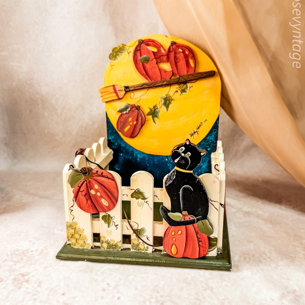 Kathy Hatch Black Cat Wooden Candle Holder‎